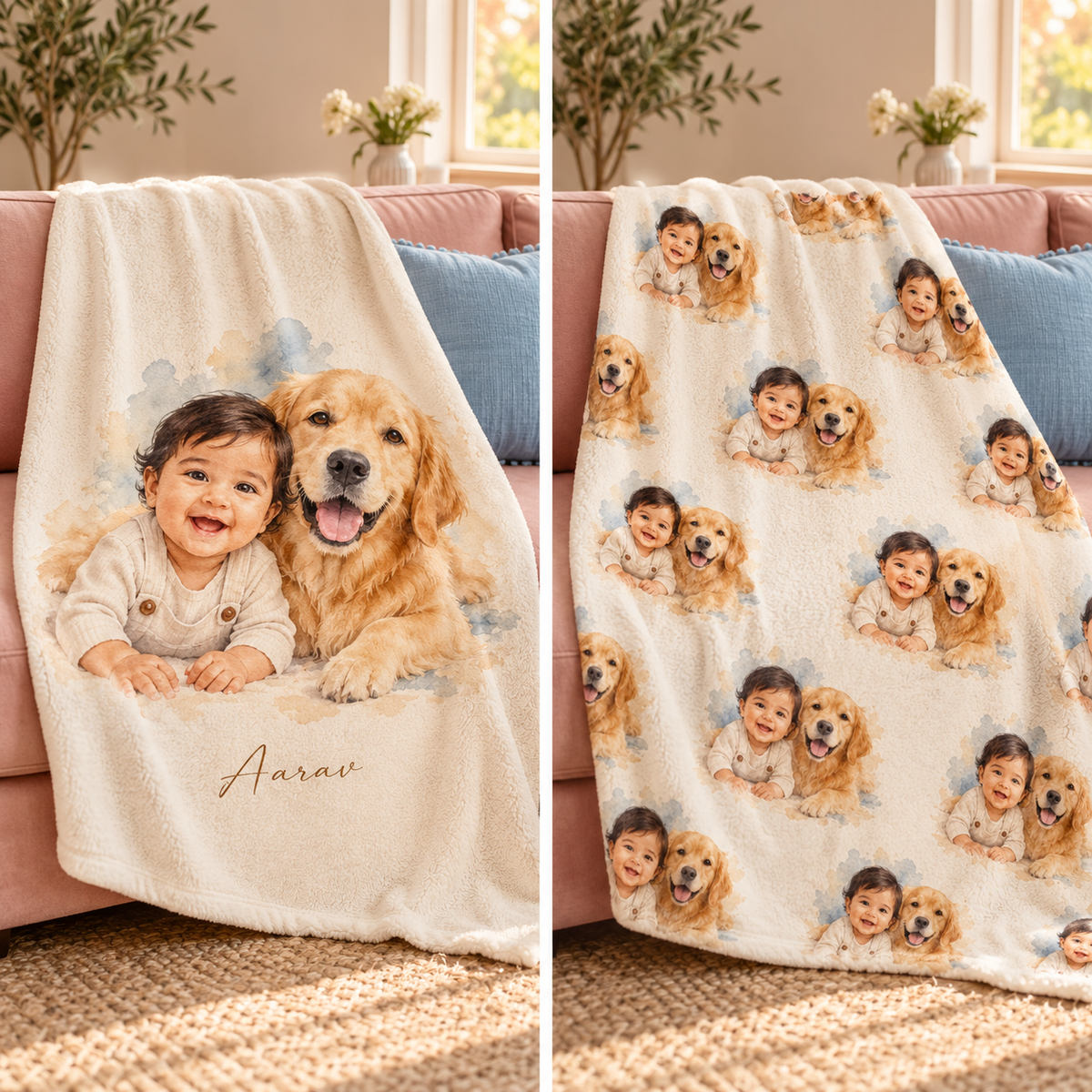 Portrait blanket options: single portrait with a name and a repeating pattern