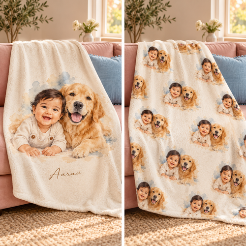 Portrait blanket options: single portrait with a name and a repeating pattern