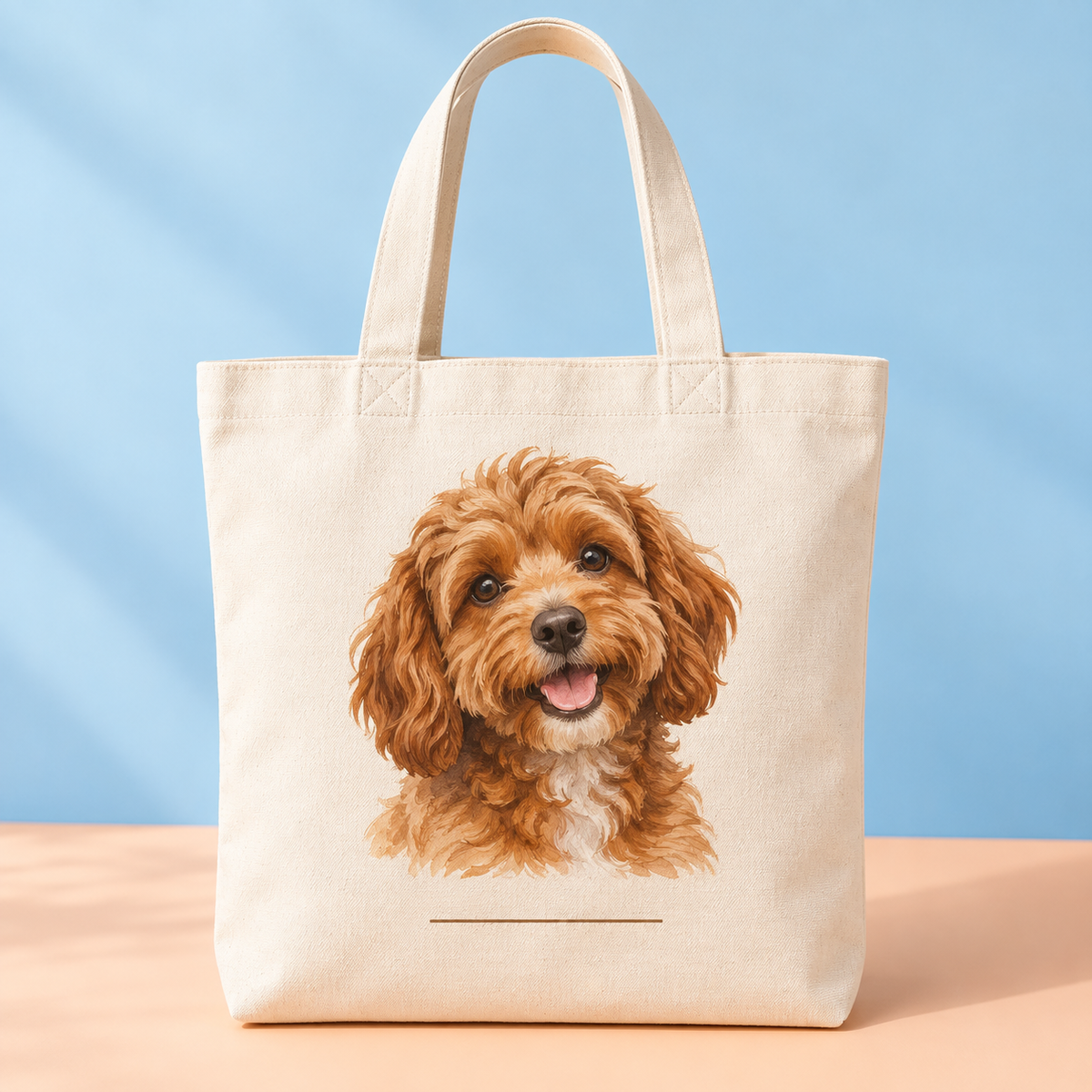 Off-white tote bag printed with a pet portrait, no name