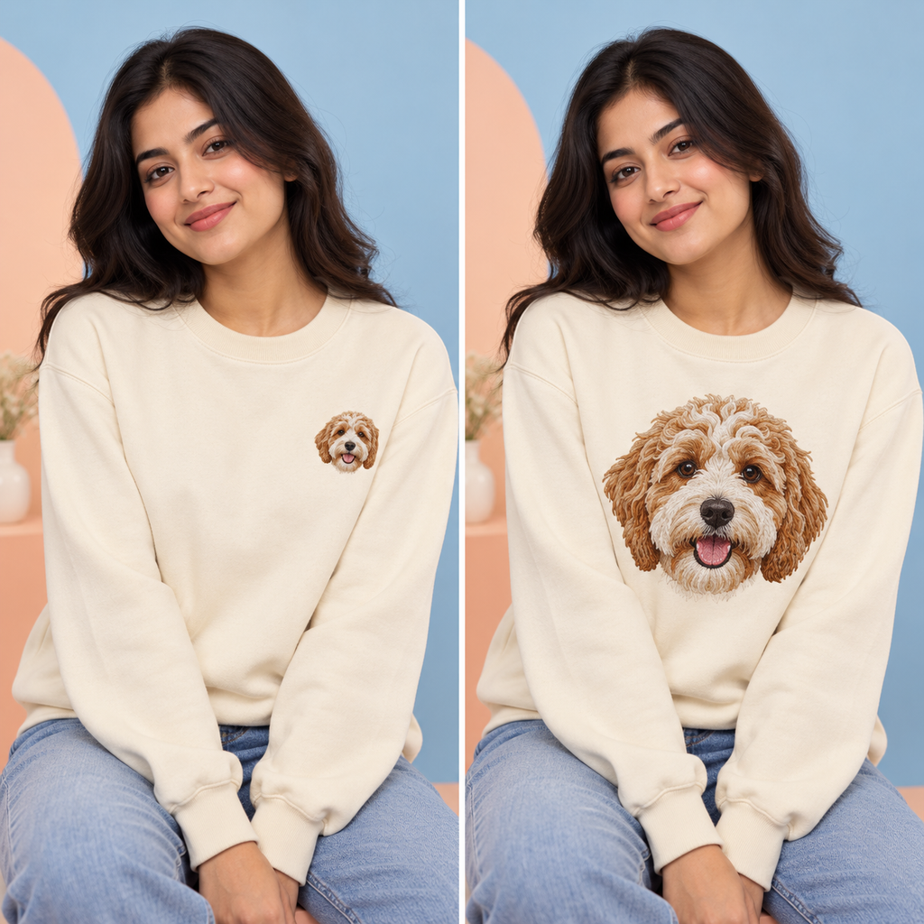 Sweatshirt embroidery placement options: left front and front center