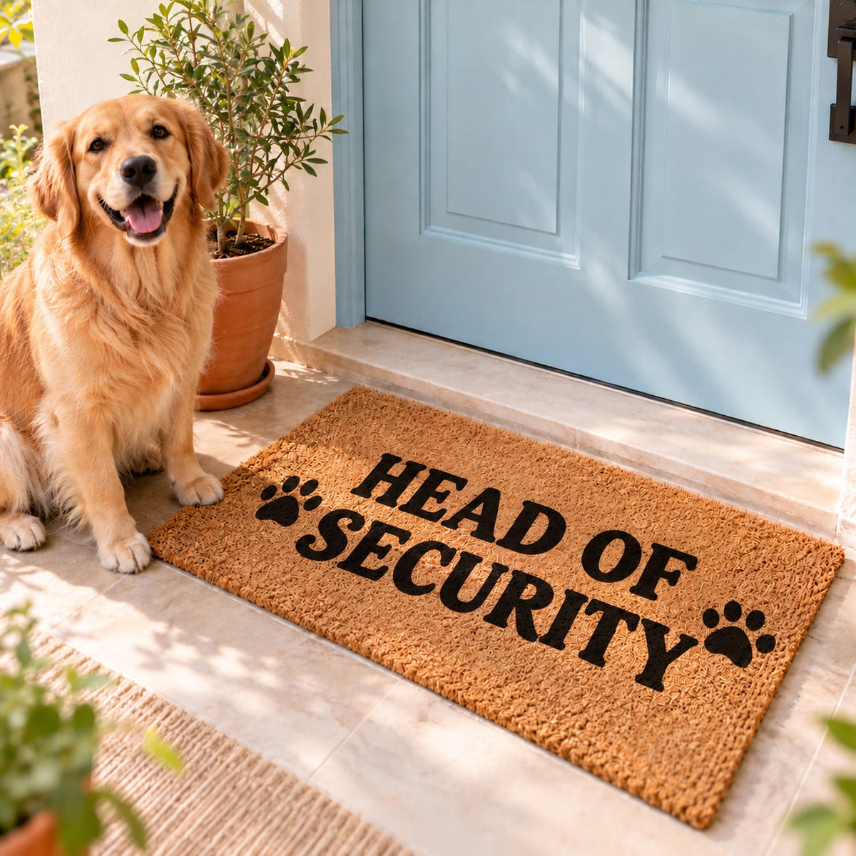 Coir doormat reading "HEAD OF SECURITY" at a pale blue front door with a golden retriever