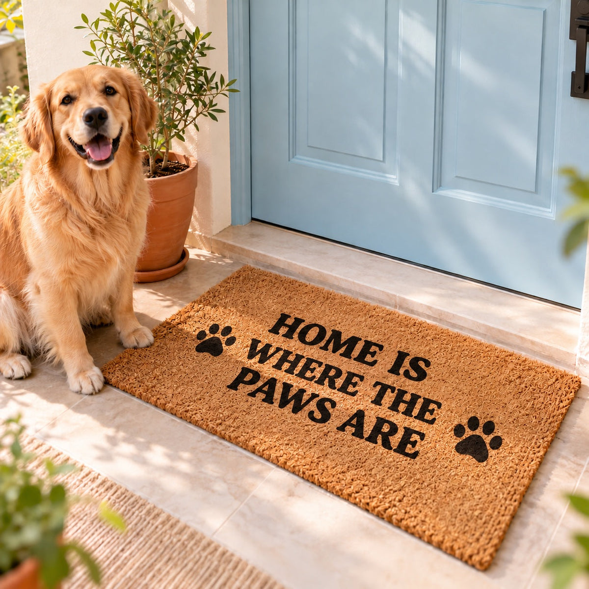 Coir doormat reading "HOME IS WHERE THE PAWS ARE" at a pale blue front door with a golden retriever