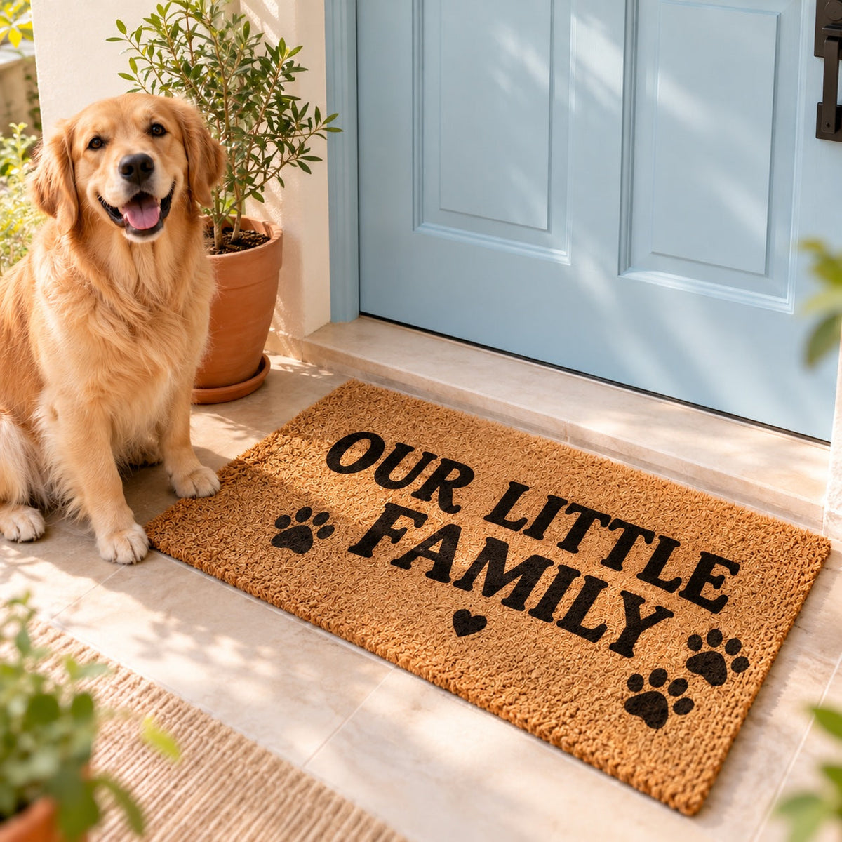 Coir doormat reading "OUR LITTLE FAMILY" at a pale blue front door with a golden retriever