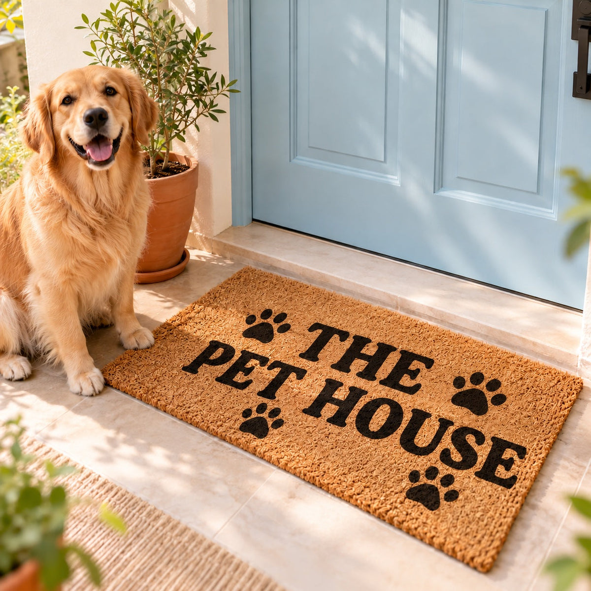 Coir doormat reading "THE PET HOUSE" at a pale blue front door with a golden retriever