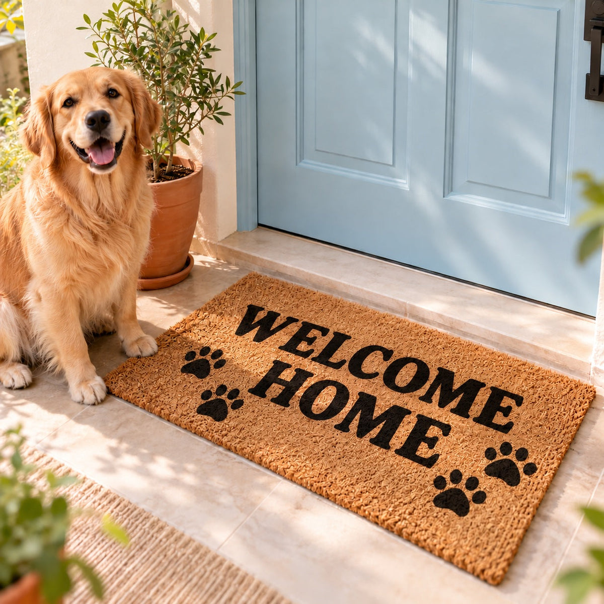 Coir doormat reading "WELCOME HOME" at a pale blue front door with a golden retriever