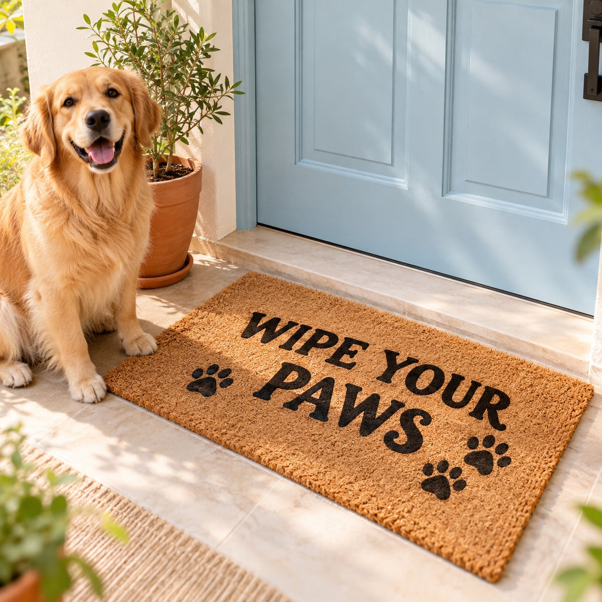 Coir doormat reading "WIPE YOUR PAWS" at a pale blue front door with a golden retriever
