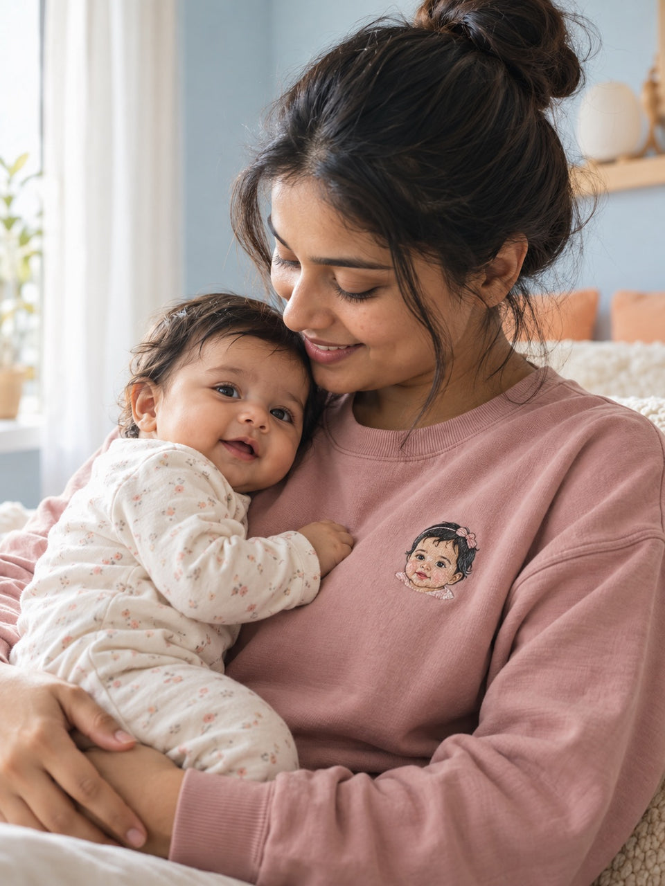 Mother cuddling her baby, wearing a sweatshirt embroidered with the baby’s portrait