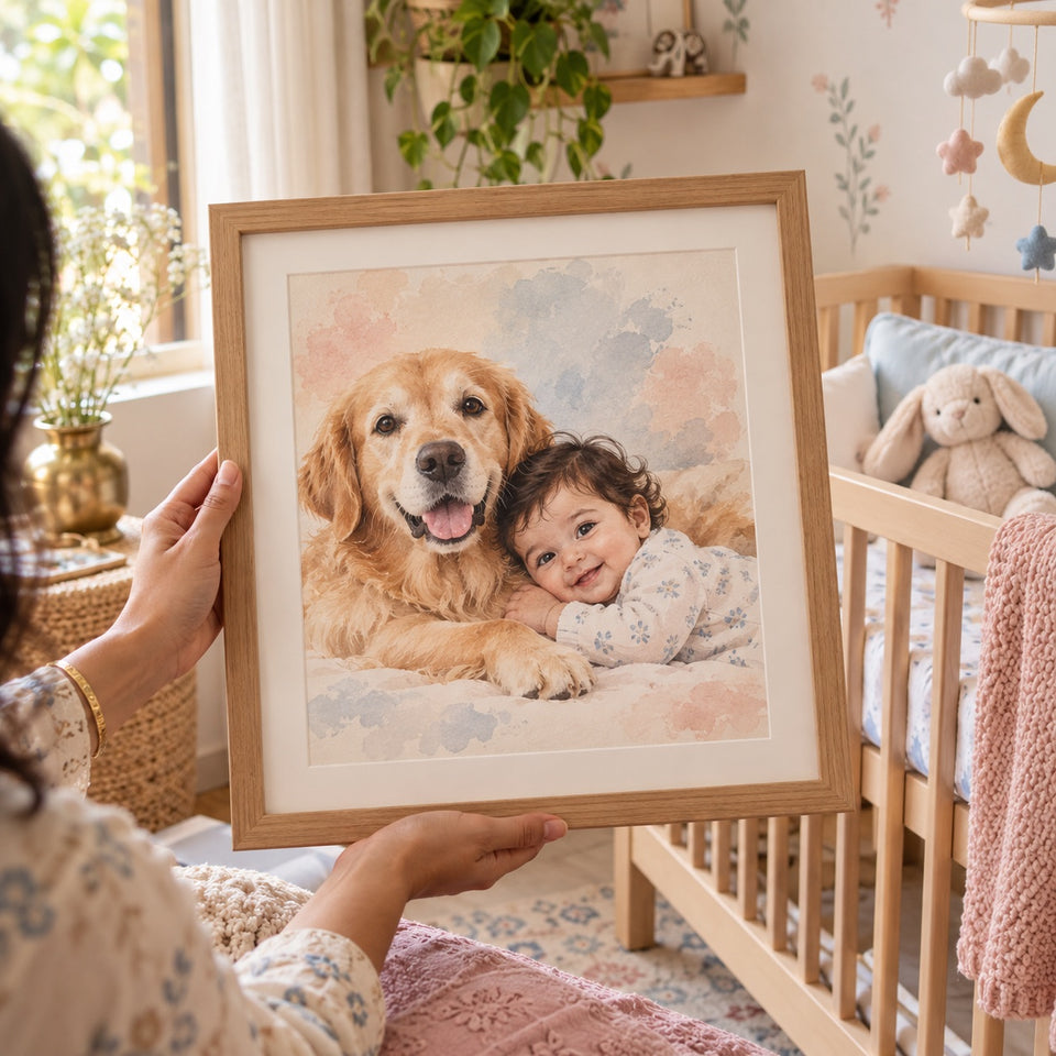 Framed watercolor portrait of a golden retriever and baby in a nursery
