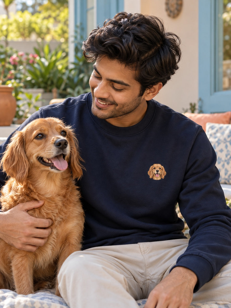 Man sitting with his golden retriever, wearing a sweatshirt embroidered with its portrait