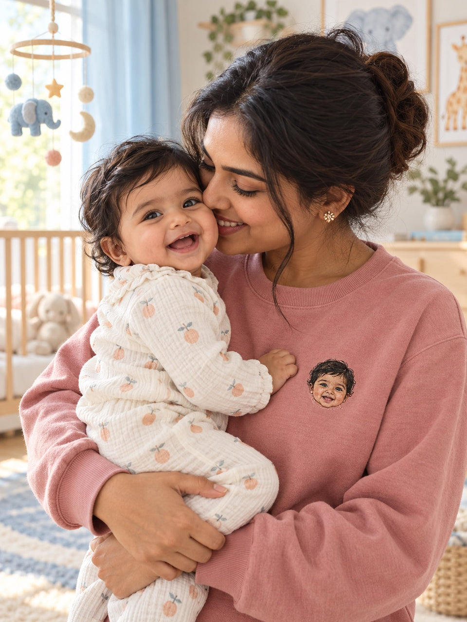 Mother holding her baby while wearing a sweatshirt embroidered with the baby’s portrait