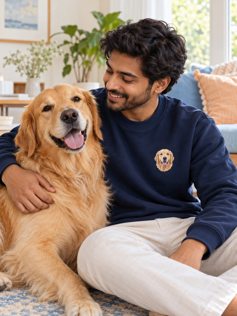 Pet parent hugging a golden retriever while wearing an embroidered portrait sweatshirt