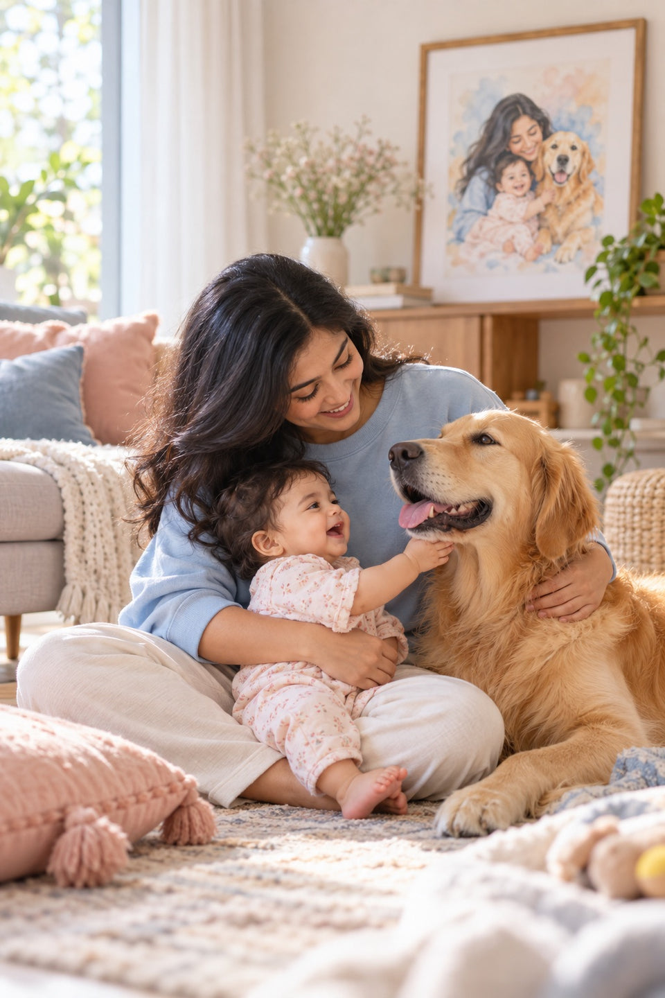Mother, baby and golden retriever at home beneath a custom watercolor portrait